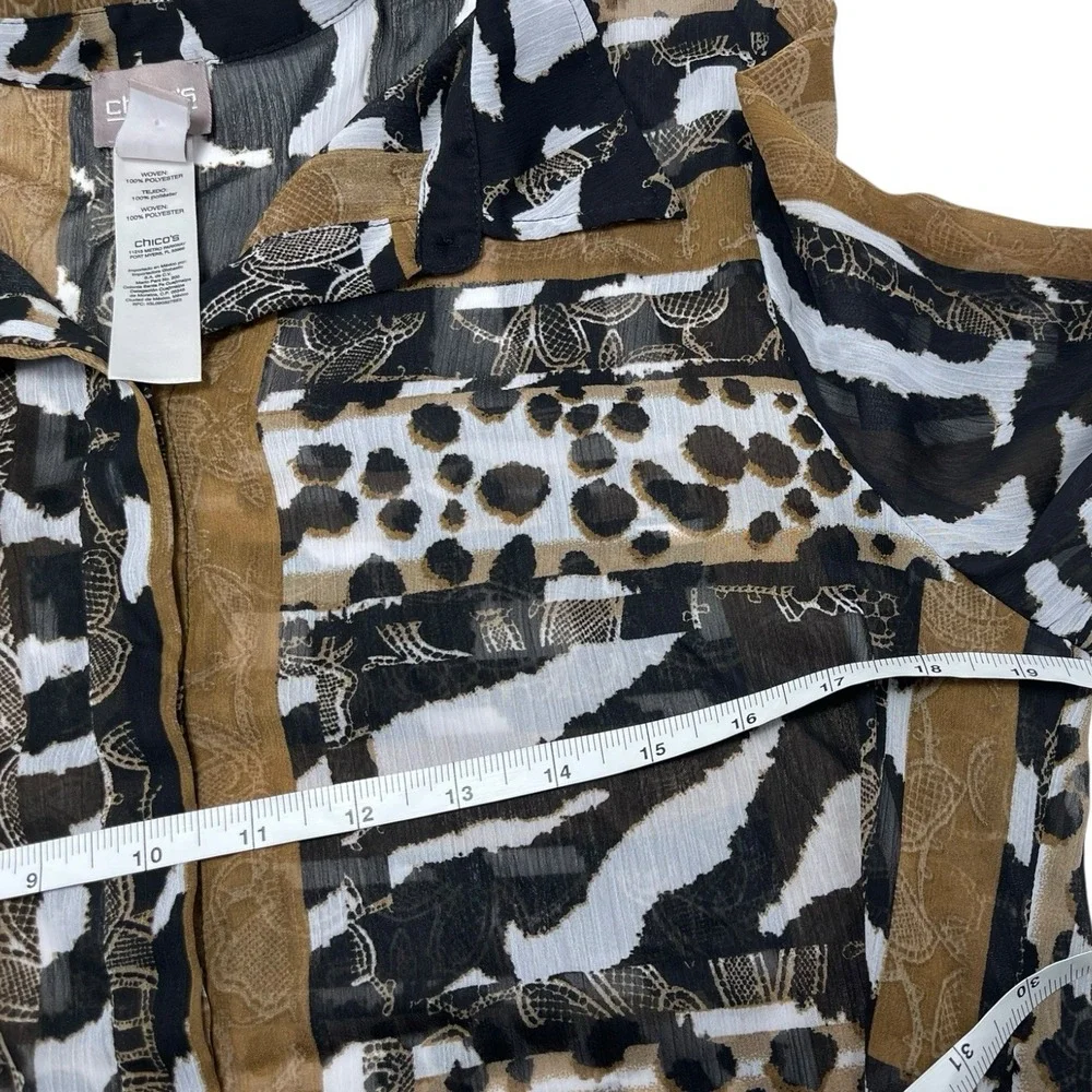 Chicos 1 M Brown Animal Print Button Down Roll Tab Sleeve Safari Mob Wife Blouse - Picture 6 of 10